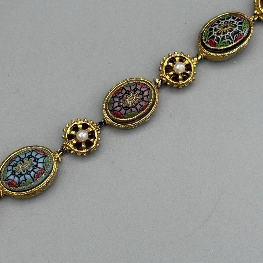 Vintage Renaissance LInk Bracelet Molded Glass Faux Pearl Moroccan